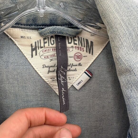 Y2K Light Wash Denim Biker Jacket Tommy Hilfiger Zip Front Silver Hardware S - Picture 8 of 15